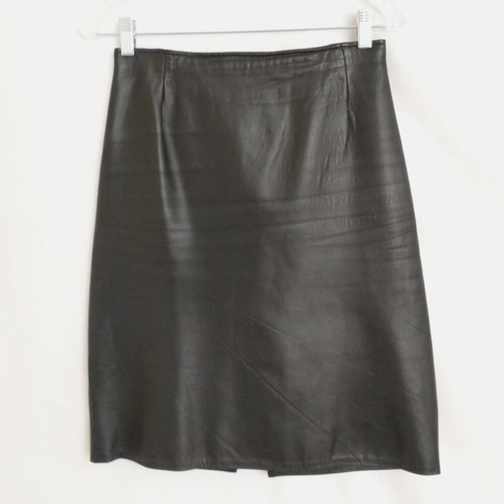Vintage Hugo Buscati Milano Black Leather A-Line Skirt Size 8 Made in USA